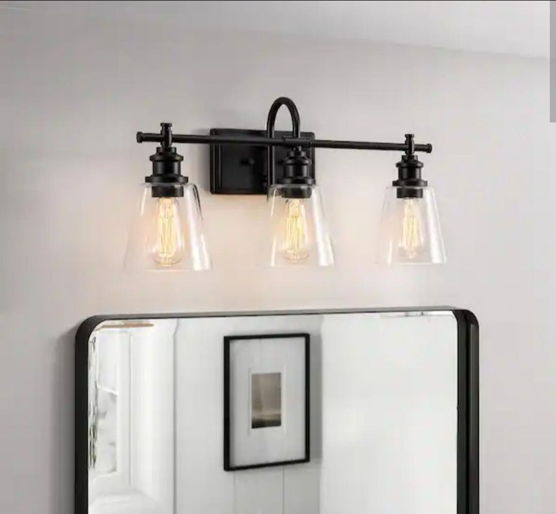 New Black 3-Light Vanity Light w Clear Glass Shades
