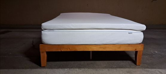 Full Size Wood Bed Frame with Ikea FINNVIK Mattress and Tempurpedic Mattress Topper