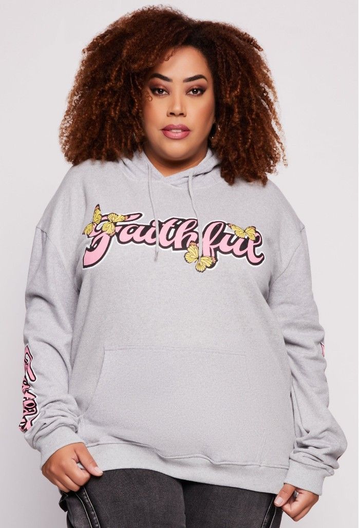 Women's Plus Size Christian Inspirational Faithful Graphic Print Hoodie Grey