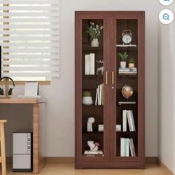 71''Tall Mahogany Metal Kitchen Display Cabinet with Glass Doors, Display Case With Lock and Shelves