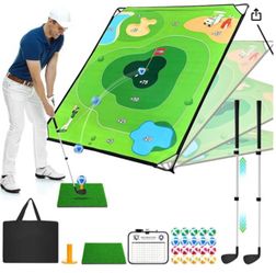 Golf Chipping Game with 6 x 6 FT Large Target Mat Training Set 2 Adjustable Clubs, Sticky Balls