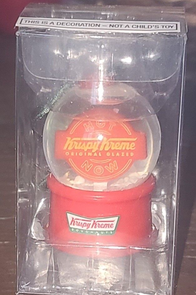 Vintage Christmas Tree Ornament Krispy Kreme Red Plastic Snowglobe 2”

