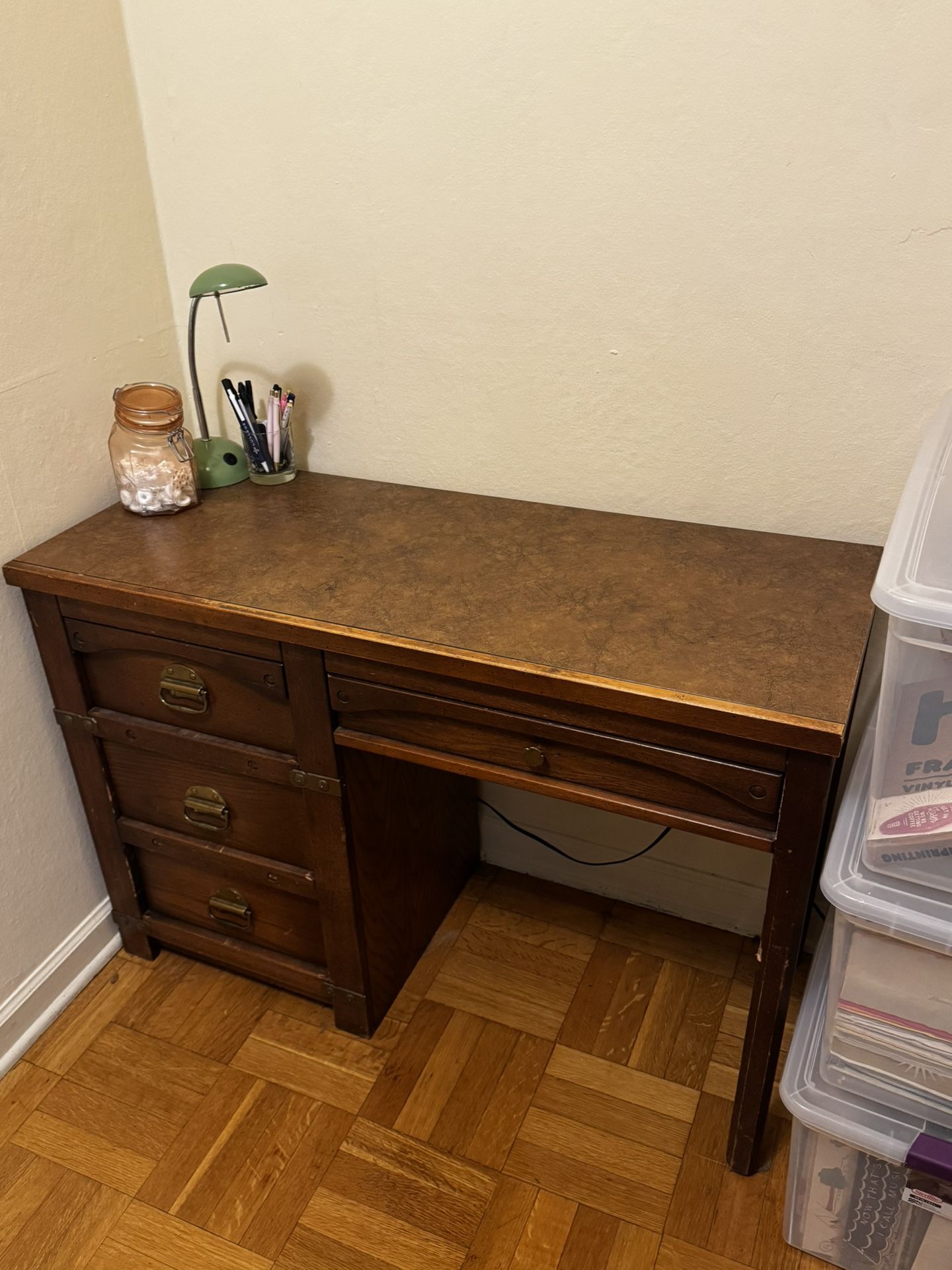 Vintage Wooden Desk with Brass Pulls – Sturdy & Compact