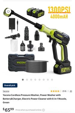 Yacona Cordless Pressure Washer, Power Washer with Battery&Charger, Electric Power Cleaner with 6-in-1 Nozzle, Green