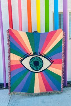 Rainbow Rays Eye Magical Woven Throw Blanket - Colorful Fringe Tassels Cotton - 60s 70s Retro Vintage Mid Century MCM