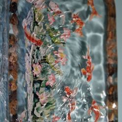 One-of-a kind resin koi fish pond tray with frolicking koi fish, in swirling & splashing water