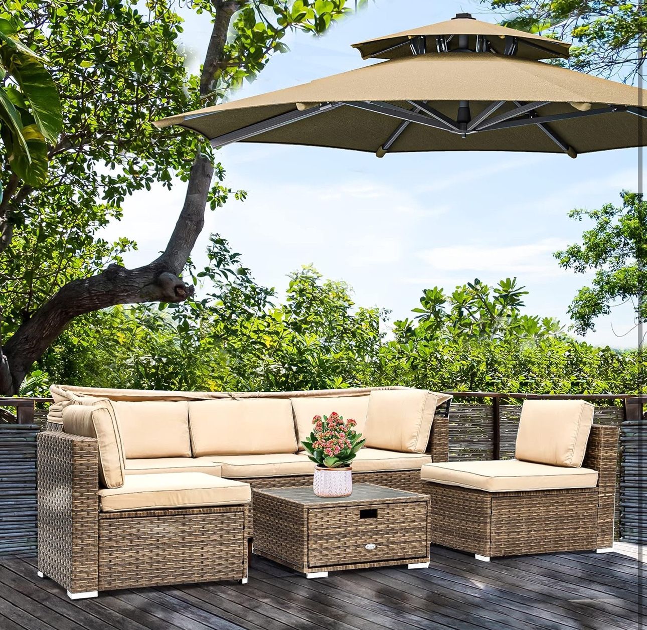 6pc patio set with umbrella 6-Piece Dining w/ 4 Folding Chairs & The chairs are made with breathable Teslin fabric for enhanced comfort and airflow Walsunny 6 Piece Patio Furniture
