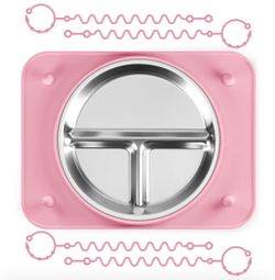 BRAND NEW  Baby Silicone Mat with Stainless Steel Divided Plate – Non-Slip Suction Base & 4 Straps to Secure Baby Essentials