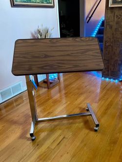 Adjustable Overbed Table – Tilting Top, Rolls Smoothly