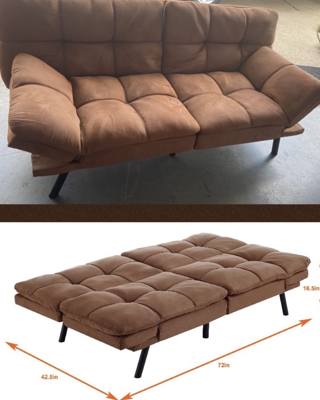 MEMORY FOAM CAMEL SUEDE FUTON AND FOLDABLE BED IN-ONE 