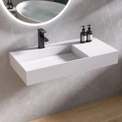 36 in. x 18 in. x 5 in. Solid Surface Wall-Mounted Bathroom Sink in White with Drain Cover and Faucet Hole (Left Sink)