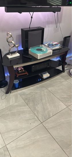 Black Glass TV Stand with Wood Frame