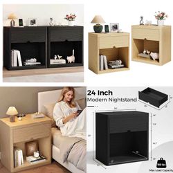 Night Stand Set 2 with Storage Drawer & Open Shelves, 24" Round Bedside Table Nightstand with Curved Top Corners for Bedroom Living Room Sofa Office,