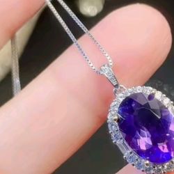 925 Sterling Silver NATURAL Amethyst Oval Pendant Necklace 