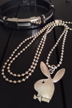 23” Playboy Bunny Necklace/ 8 1/2” Stainless Steel Bracelet Set