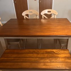 solid wood farmhouse dining table set- 4 chairs 1 bench