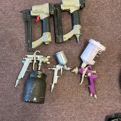 Two Porter Pneumatic Nail Guns Along With Three Paint Sprayers Bundle 