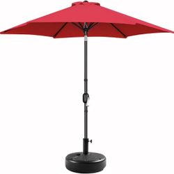 9' Patio Umbrella with 22L Umbrella Base Stand-Round Water & Sand Filled, Market Sunshade w/Push Button Tilt, Crank and Sturdy Ribs, Patio