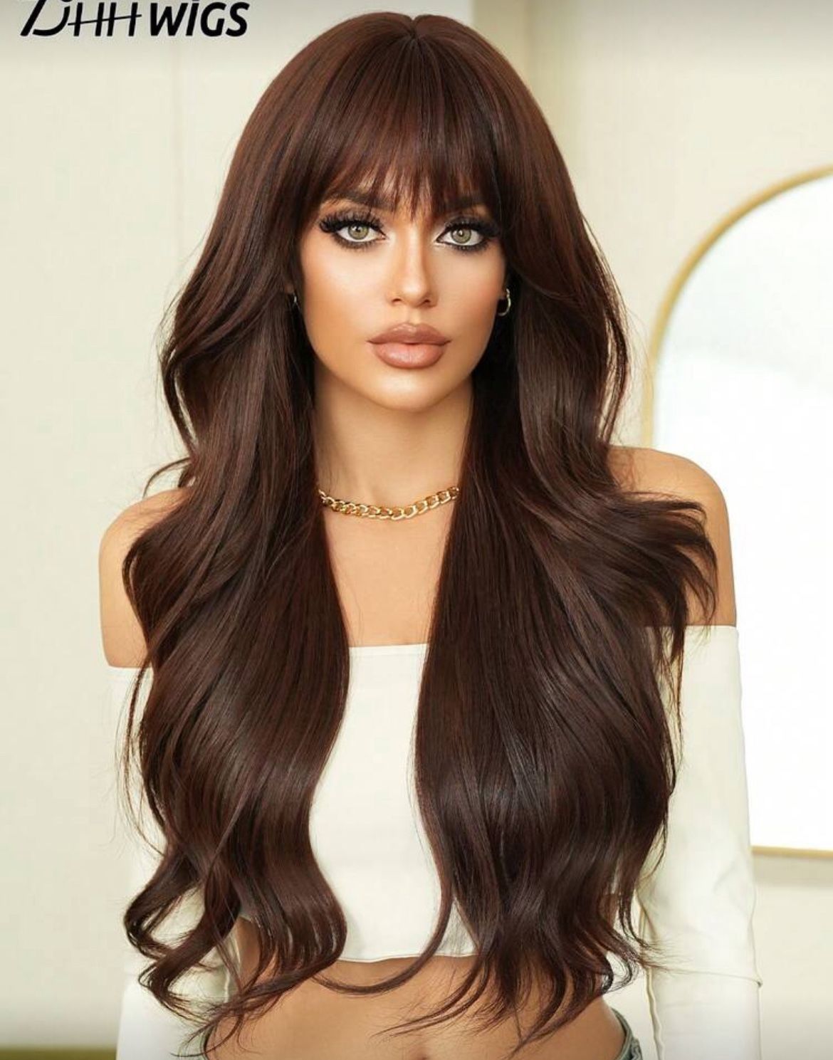 Long Wavy Mocha Brown Wig with Bangs, Synthetic 26 inches