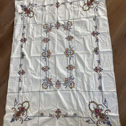 Gorgeous Vintage Floral Embroidered White Tablecloth