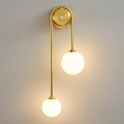 Gold Glass Double Globe wall Sconce,Brushed Brass Vanity Light with Milk Glass Shades, Mid Century