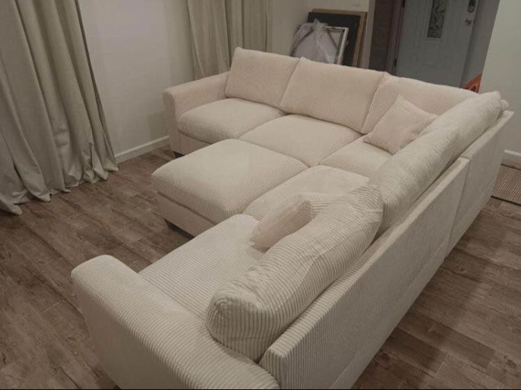 4-pc Sectional Sofa With Ottoman Ivory Corduroy Brand New