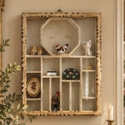 Vintage Handcrafted-Style Wood & Glass Curio Display Cabinet Rustic 17.5” Trinket Collectibles Mini 