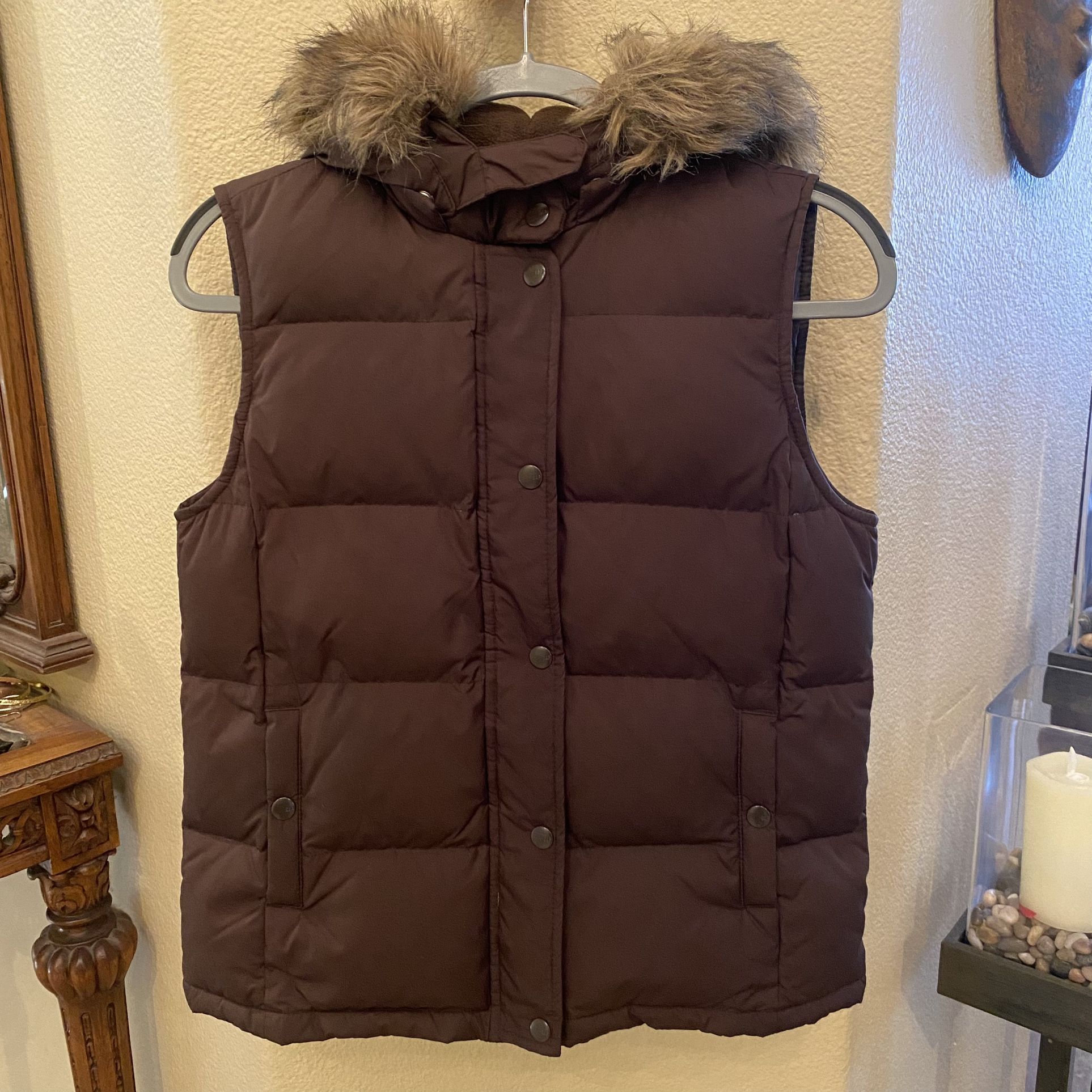 Vintage GAP Women Brown Faux Fur Puffer Hoodie Y2K Vest Size Small