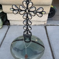 Large Glass Demijohn w/ Crystal Cross Decor