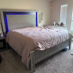King Gray And Dark Brown bed with LED lights And Night Stand 