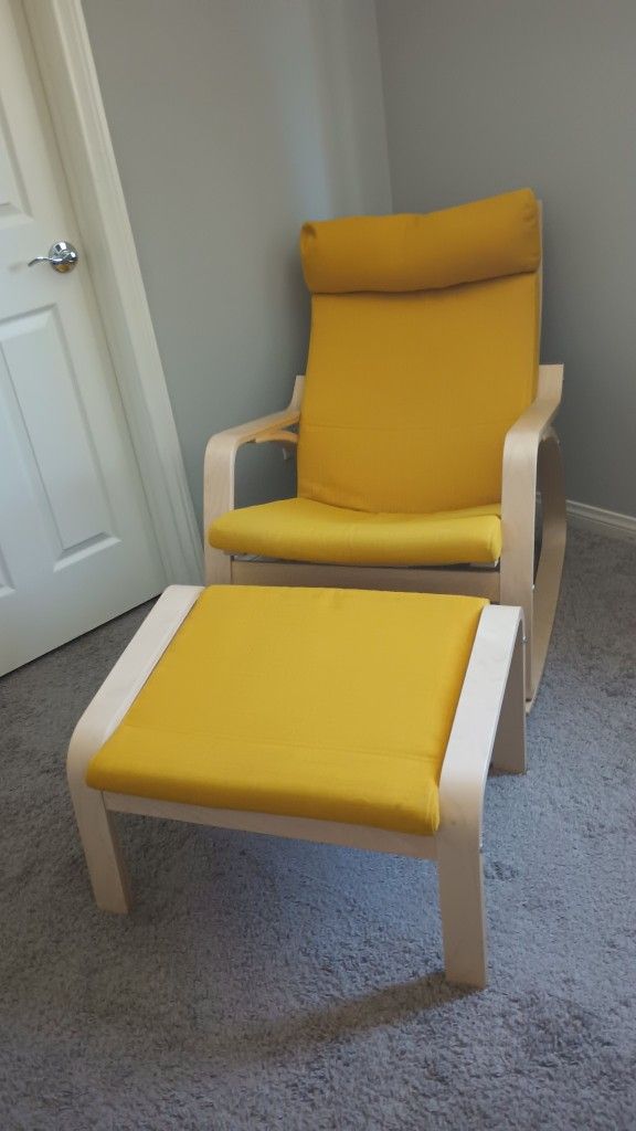 Yellow Ikea Poang rocking chair w/ footrest