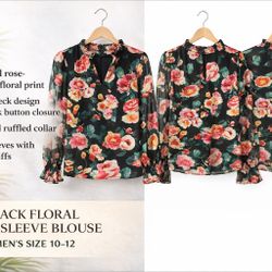 Black Floral Long Sleeve Blouse – Women’s Size 10–12