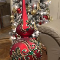 Beautiful Red 13” Tree Topper With Gold And Green Embellishments - Brand New