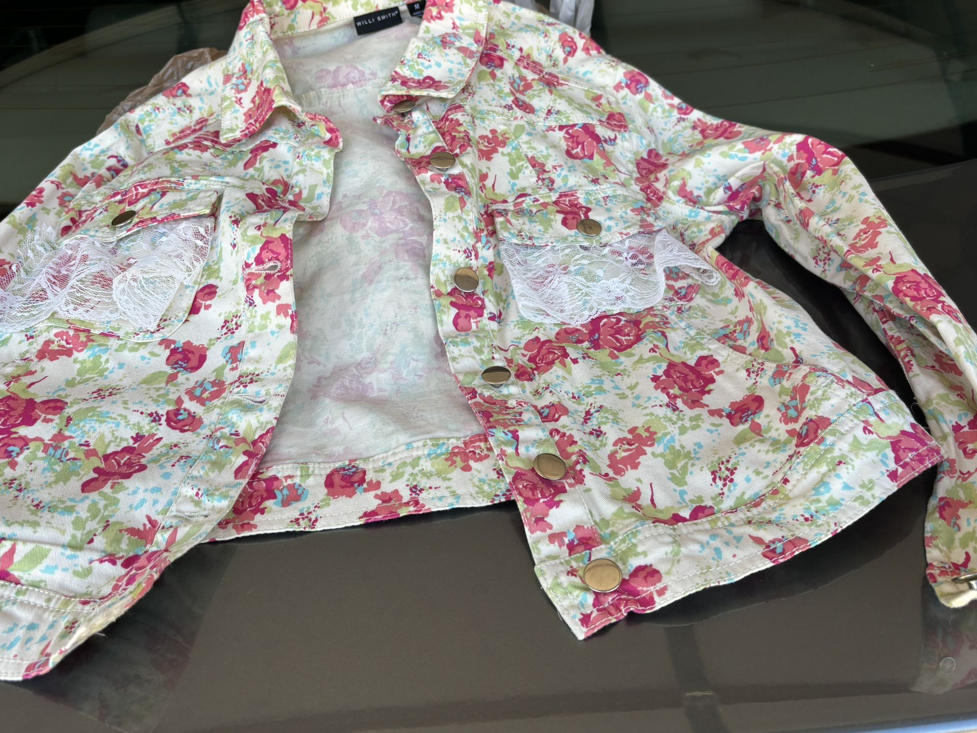 Floral Denim Jacket With Lace Trimmed Pockets