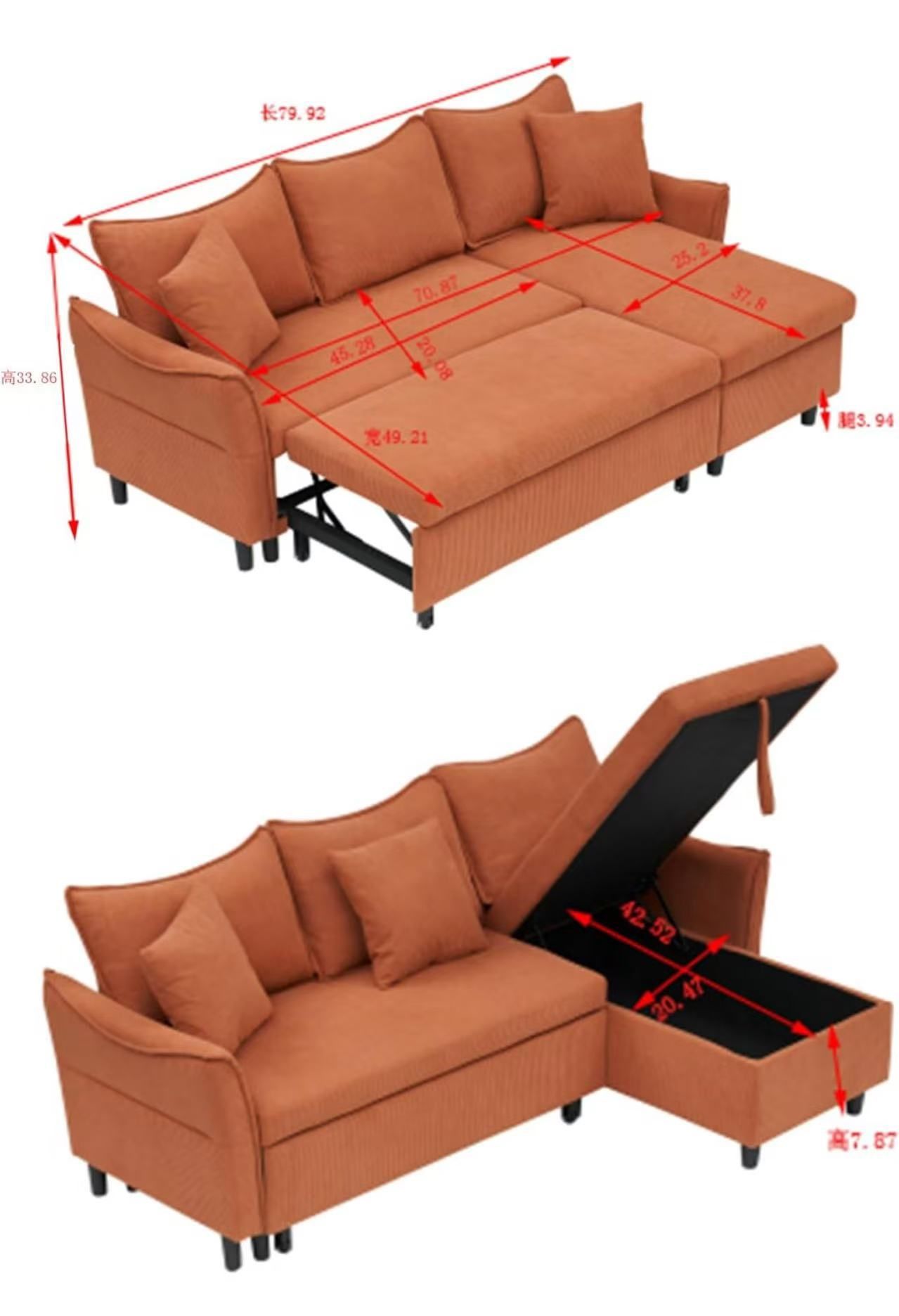 L-Shaped Sectional Sofa Couch Bed w/Chaise & Side Pockets, Reversible Sleeper Lounge Sofá w/Pull Out Bed& Storage Space, 3-seat Corduroy Convertible P