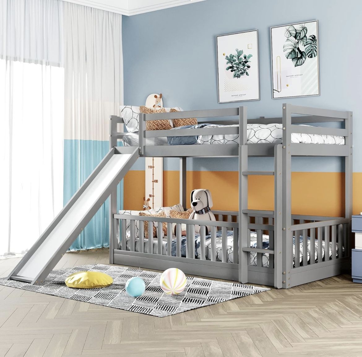 Twin Over Twin Floor Bunk Bed with Slide and Ladder, Low Bunk Bed for Kids Boys Girls Teens, Gray + (2) TWIN MATTRESSES