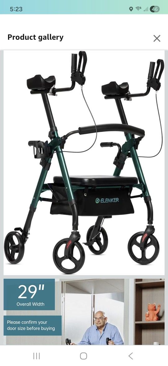 ELENKER Heavy Duty Upright Walker, Bariatric Stand Up Rollator Walker with Extra Wide Padded Seat & Backrest, Supports Up to 500 lbs, for Senior, Gree