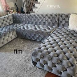 New/ Gray Velvet Double Chaise Sectional, Seccional, Couch/ Delivery Available, Financing Options