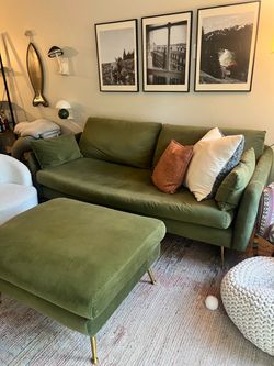 Green velvet Albany Park sofa + ottoman