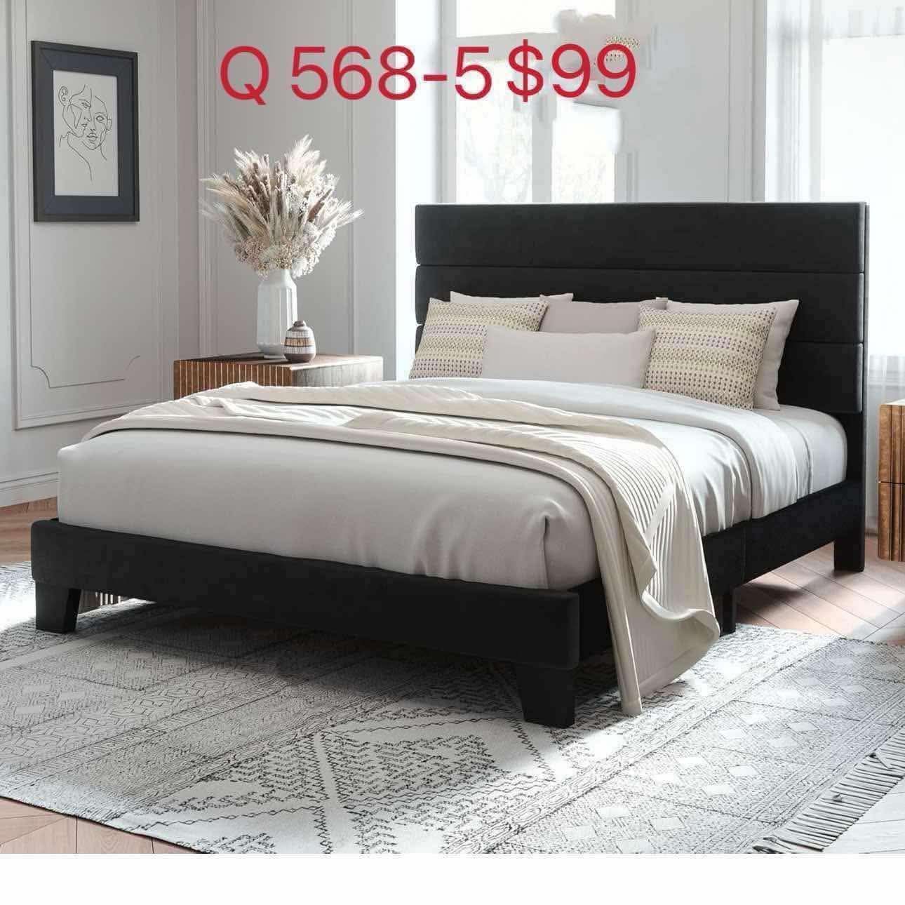 Queen Size Platform Bed Frame with Velvet Upholstered Headboard and Wooden Slats Support, Black(568-5)