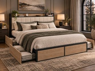 King Bed Frame with 4 Storage Drawers & Charged
Upholstered Platform Bed with Charged Headboard, Sturdy and Stable, No Noise, No Box Spring Needed, Vi