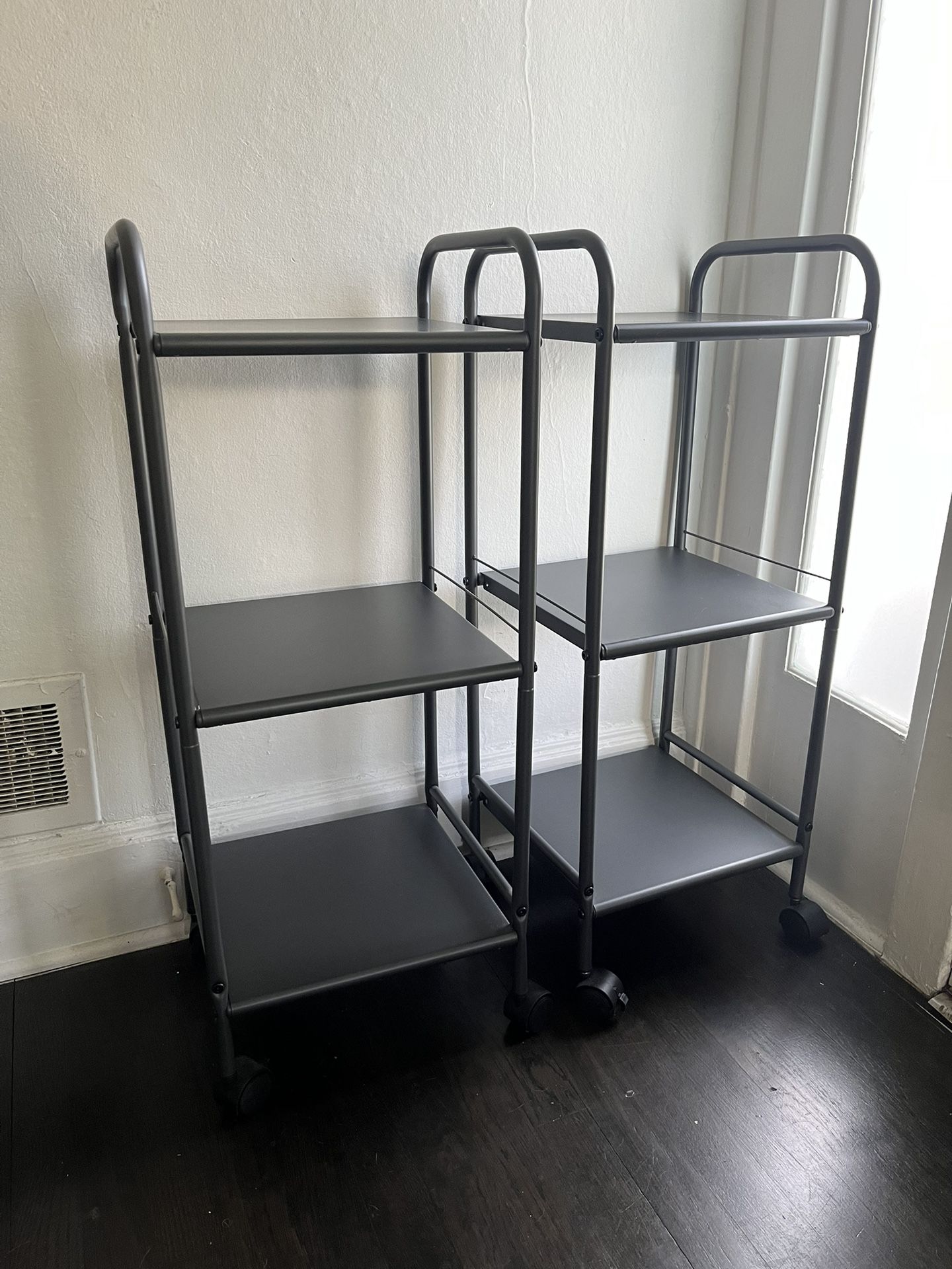 Metal Racks, Shelves Or End Tables With Wheels x2