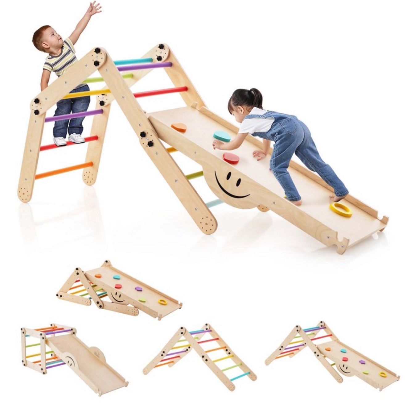 Wooden Climbing Toys for Toddlers Jungle Gym with Reversible Ramp Seesaw Colorful