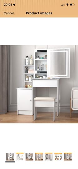 Makeup Vanity Desk with Sliding Mirror and Lights, 3 Color Lighting Modes Adjustable Brightness, Drawers and Open Storage Shelves, Vanity Set with Cha