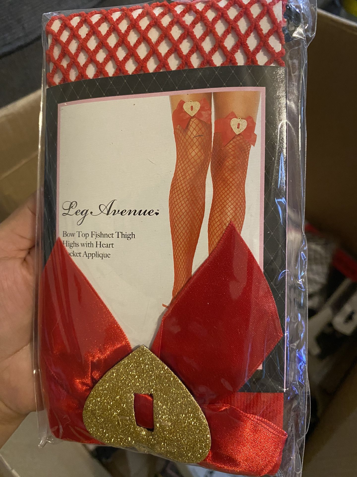 New, Leg Avenue Red Fishnet Thigh High’s with Heart Locket , Fits 90 – 160 Lbs