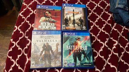 Red Dead Redemption,Assasins Creed Valhalla,Tom Clancy division 2, and battlefield 2042, PS4 Game Bundle