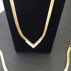 Gold Tone Herringbone CZ Necklace Bracelet 