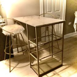 White Marble Bar Table w Gold Metal Brass hardware