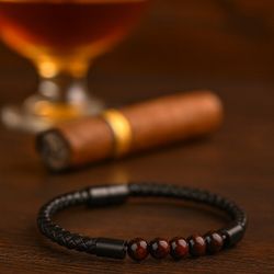 Men's Black Braided Leather Bracelet With Brown Stone Beads Magnetic Clasp