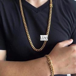 New 18k Yellow Gold Cuban Link Chain And Bracelet 